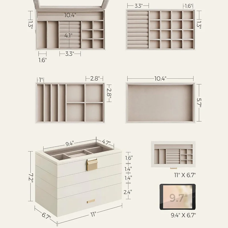 4-tier Drawer Jewelry Trays Stackable Organizer With Glass Lid Removable Dividers For Vanity Table