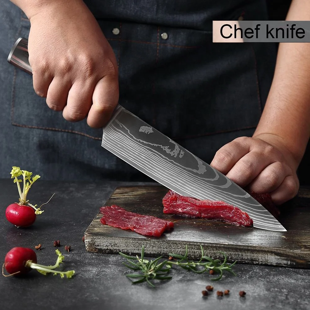 Amazon Best Product 8 Pieces Handmade Forged Damascus Steel Knife 8 Inch Damascus Steel Laser Pattern Kitchen Chef Knife Set