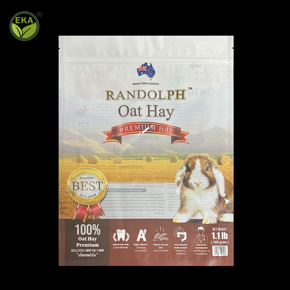 Minlee Keep Fresh Plastic Sealable Retail Custom Logo White Clear Pet Hay Food Packaging Stand Up Ziplock Plastic Bag