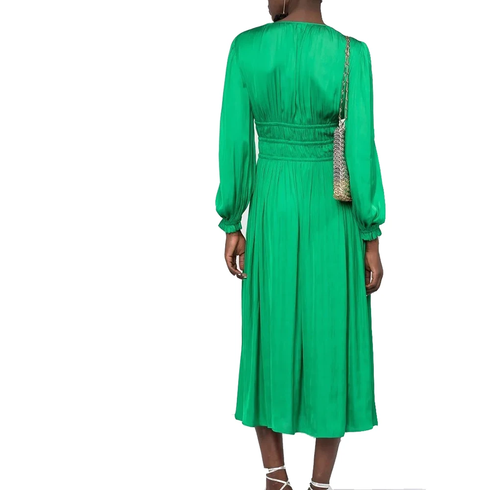 Custom Loose Fit Long Puff Sleeve Lady Elegant Womens Dresses Gathered Waist V-neck Evening Dresses