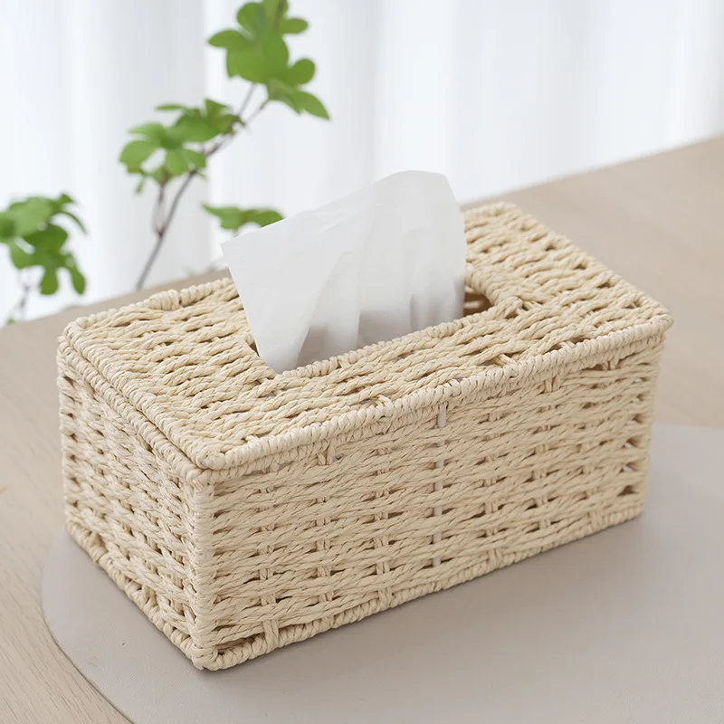 Paper Woven Tissue Box Paper Cord Desktop Storage Box Living Room Organizer Basket 8.8 Inch Brown Yellow Recyclable