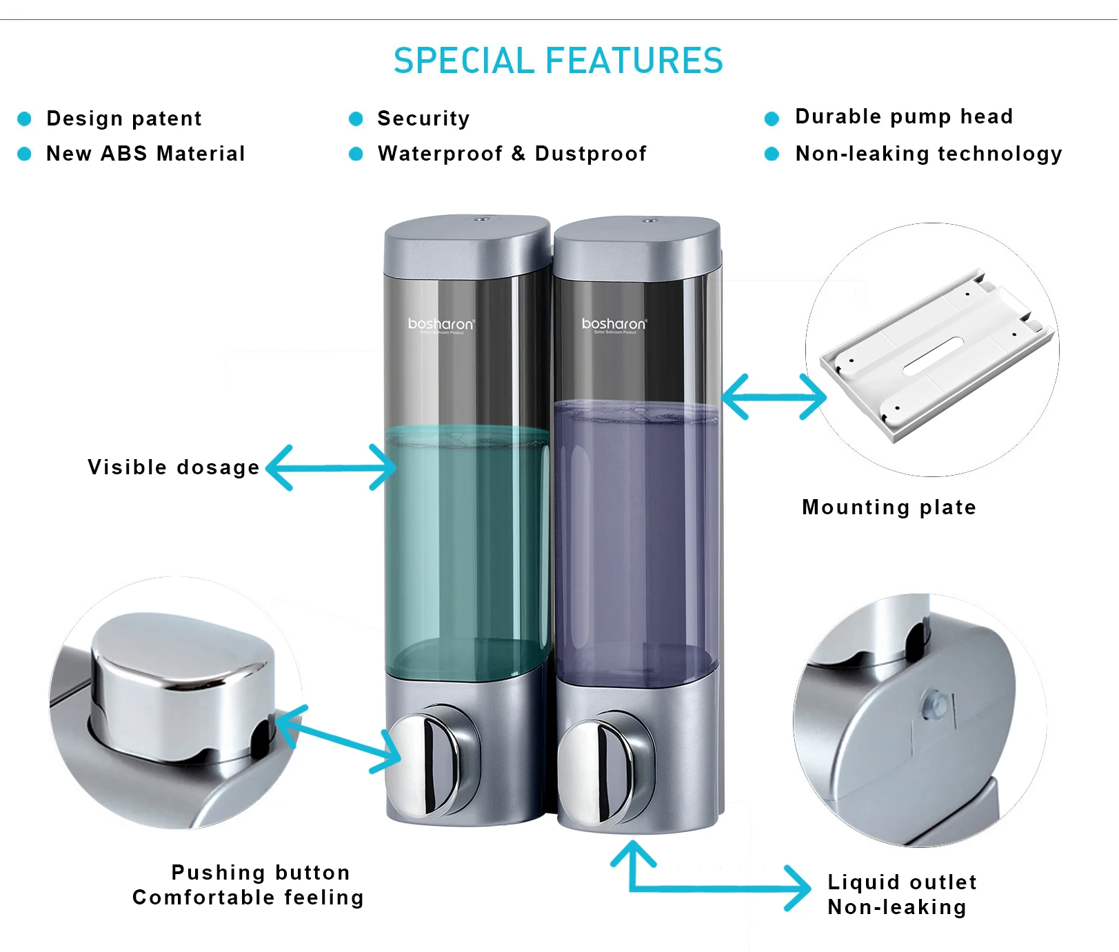 Bosharon Hotel bathroom washroom double soap dispenser Wall Mount Shower Pump hand Shampoo Soap Dispensers shampoo dispenser