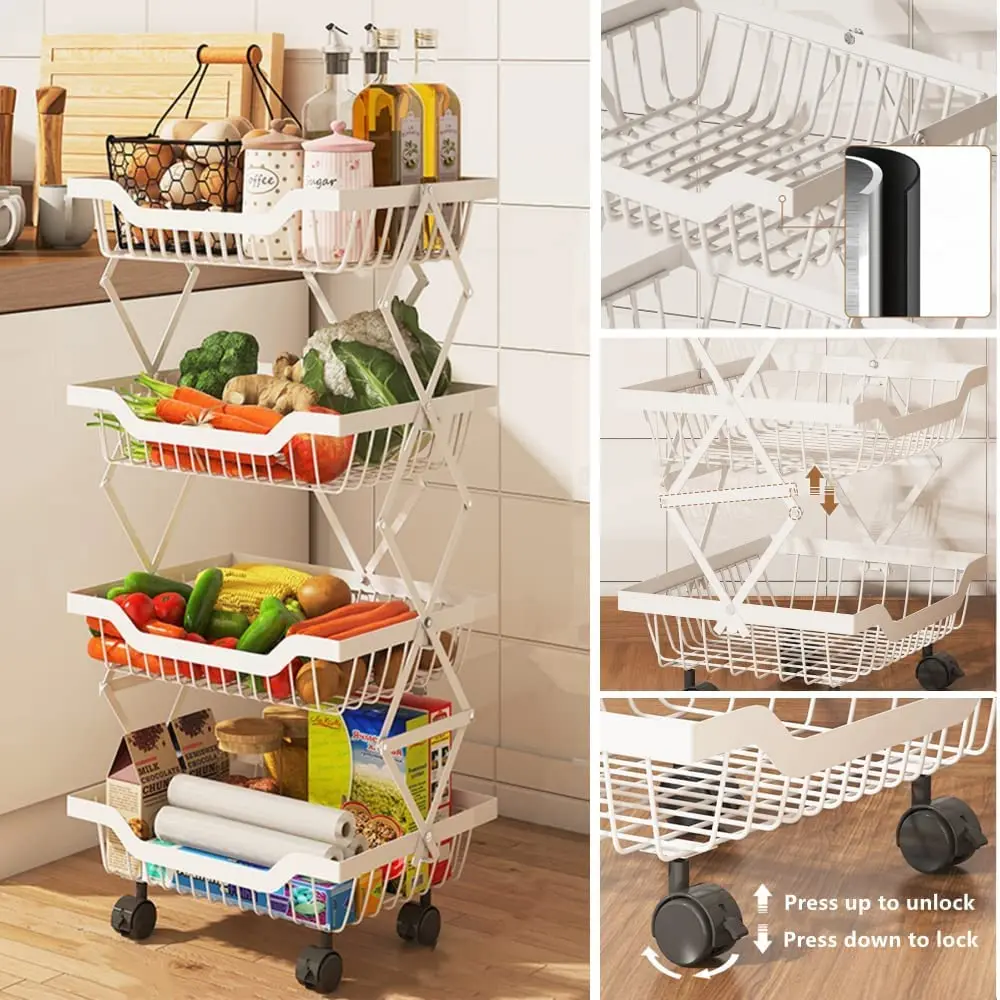 Kitchen 3/4/5 Tier Folding collapsible Metal Fruit Basket Stand No Need to Install Wire Storage Basket utility cart with Wheels