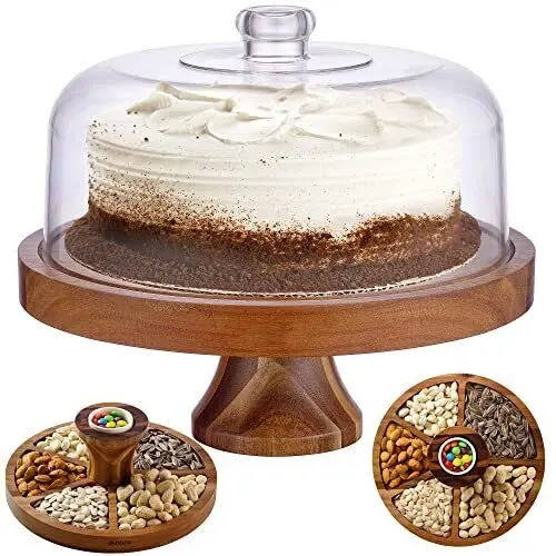 Convertible Base Acacia Wood Cake Stand and Plates for Snacks and Desserts