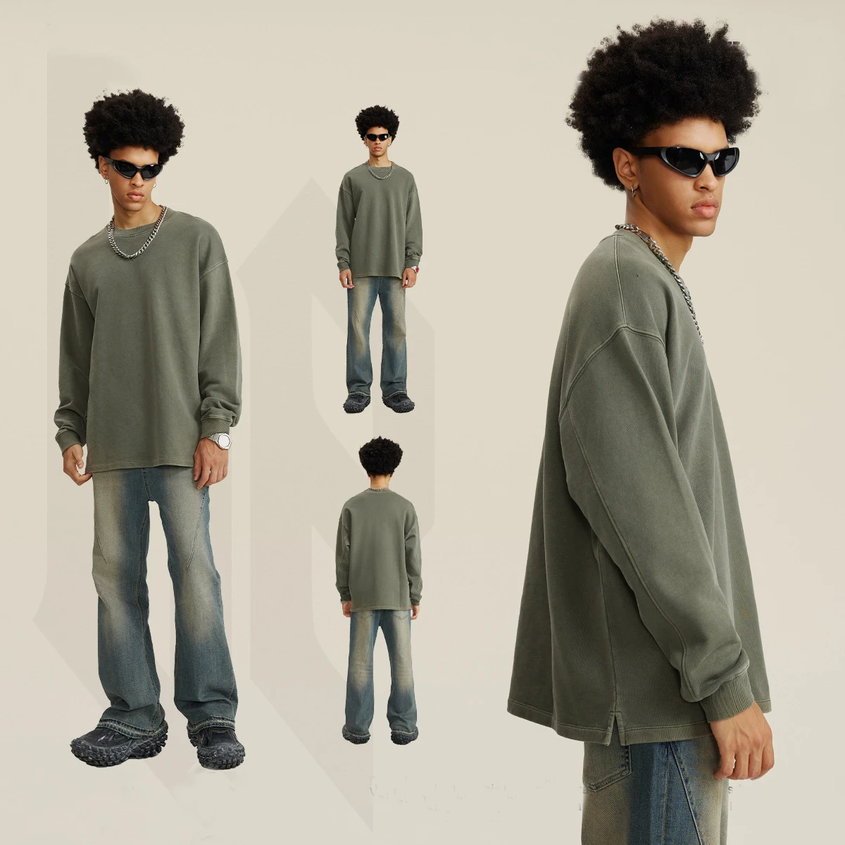 Autumn Crew Neck Acid Washed Oversized Tshirt 460 Gsm Heavy Cotton T-Shirt Side Slit Vintage Long Sleeve T-Shirt