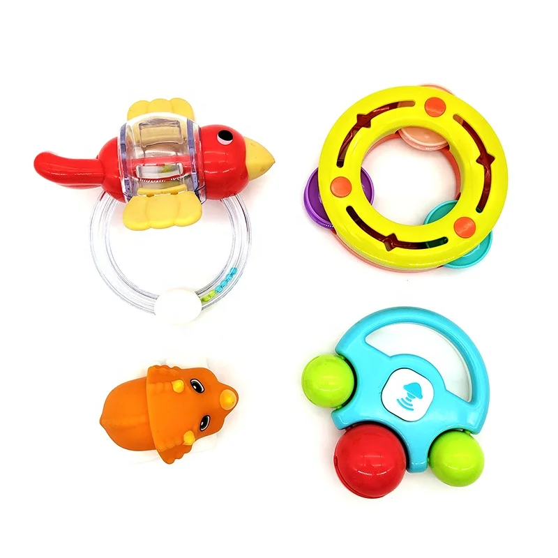 
4 pcs gift box packed infant shaker bell food grade plastic baby rattles and teethers toys 