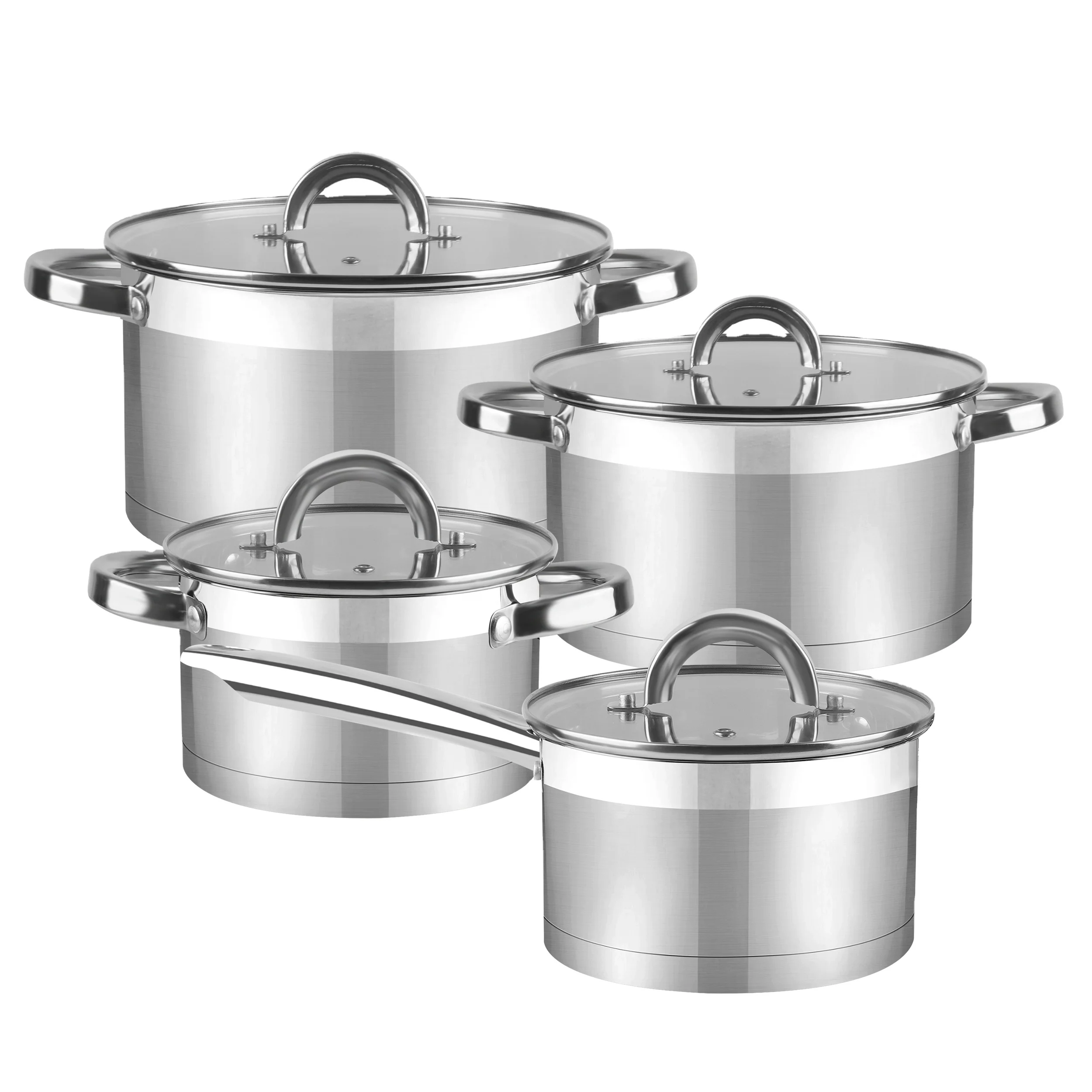8pcs Stainless Steel Kitchen Cookware Set Classic Design Saucepan with Flat Glass Lids Iron and Metal Material