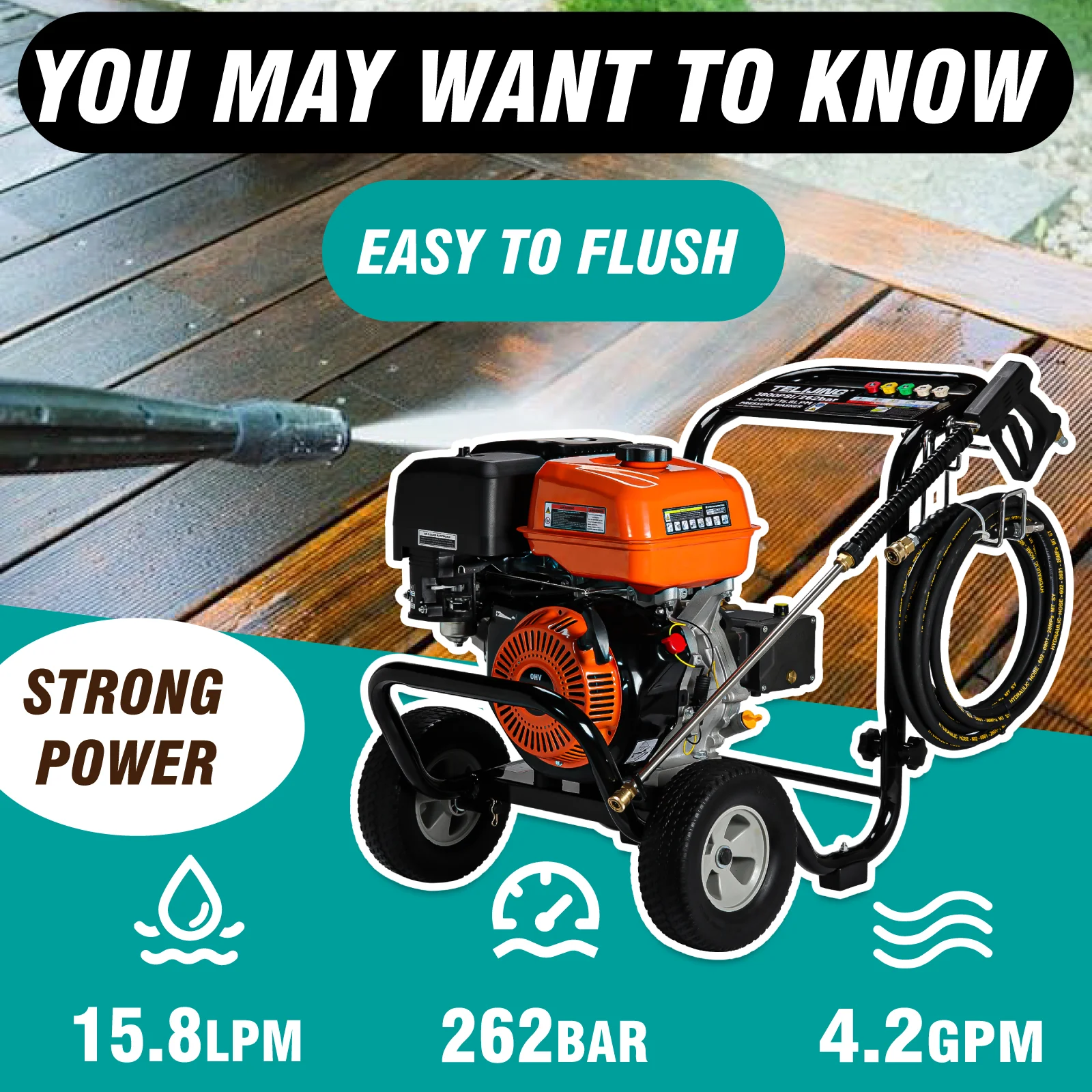 OME 3800psi/262bar Gasoline High Pressure Car Washing With Triplex pump 4 nozzle 7hp engine car washing machine for household