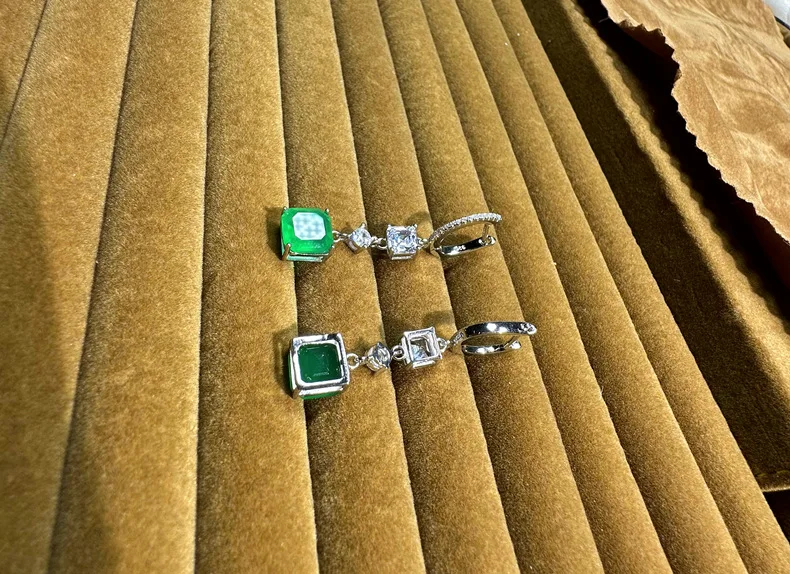 S 925 Fusion Stone Jewelry Earring Emerald Cut Green Stone Drop Hoop Earrings for Women 925 Sterling Silver earrings