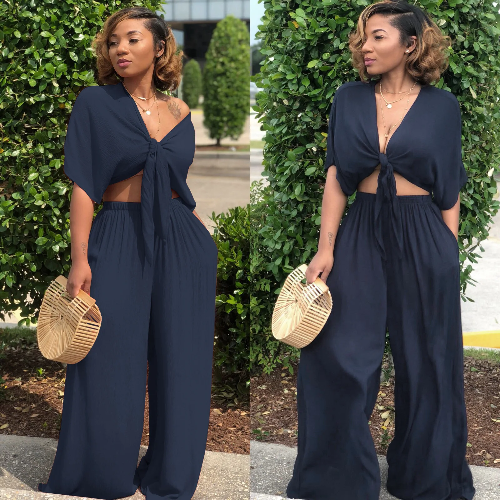 A7003 2022 new summer clothing casual off shoulder tie blouse sexy bandage custom logo wide leg pants set women two piece suit