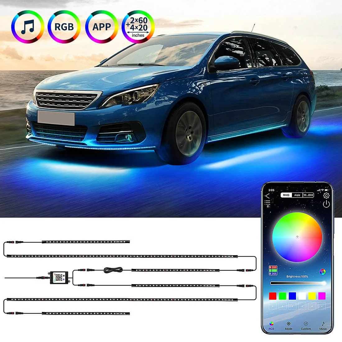 12v Car Underglow Lights Led Strip Phone App Control RGB Chassis Light Neon Lamp Remote Control