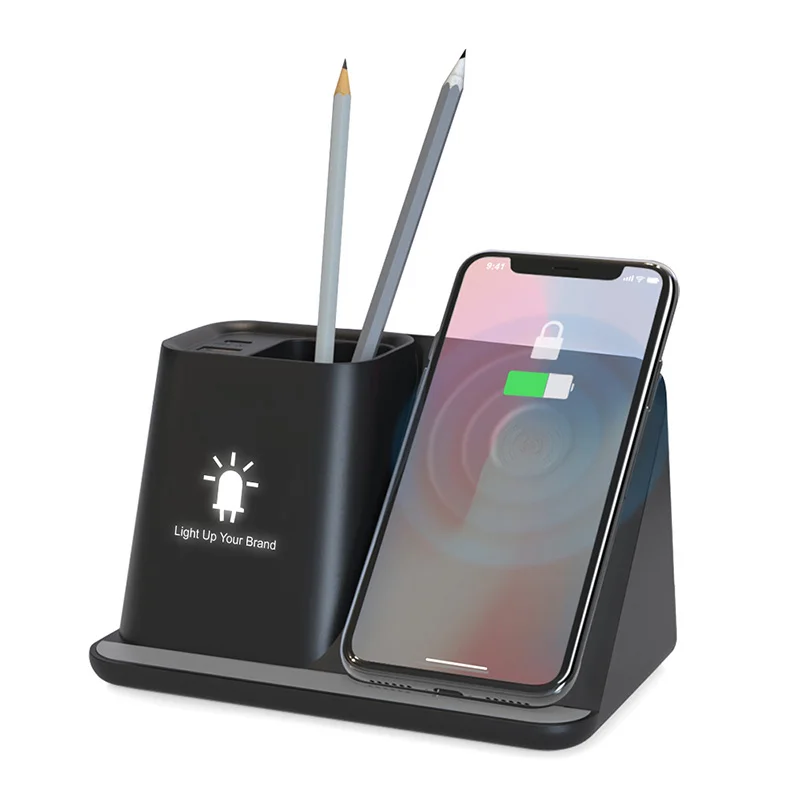 Led Light Up Your Brand Multi-Function 3 In 1 Desk Organizer Pen Storage Mobile Phone Stand Pen Holder Wireless Charger