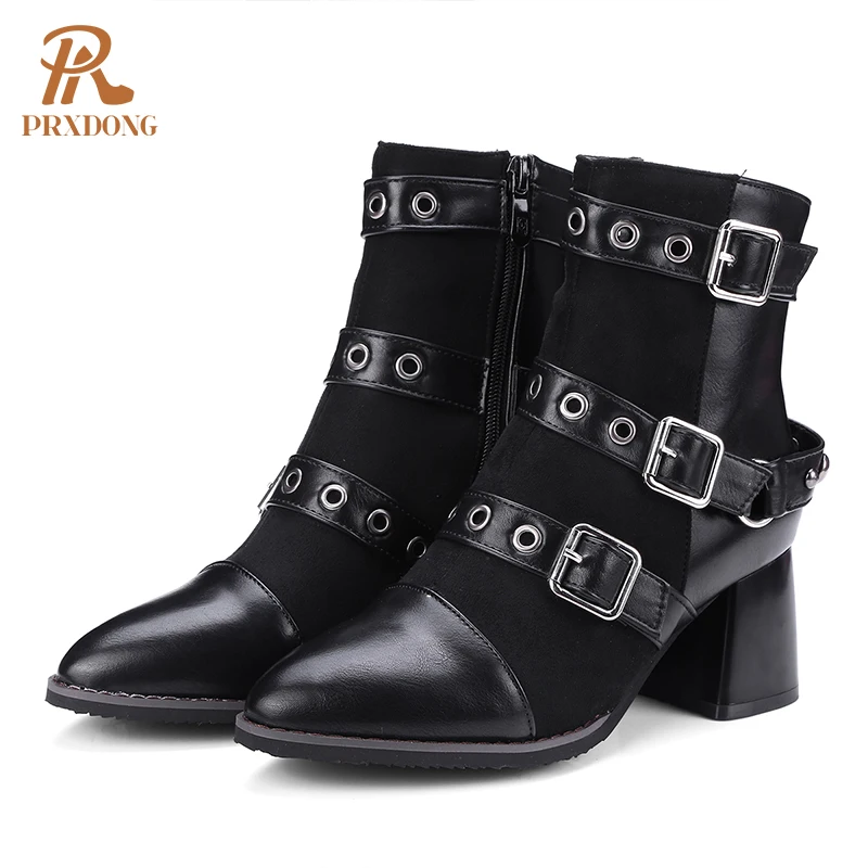 Boots Motorcycle Punk Boots Side Zipper Metal Buckle Platform PU Leather Women Ankle Boots 2021 Fall Winter High Heels Shoes 45