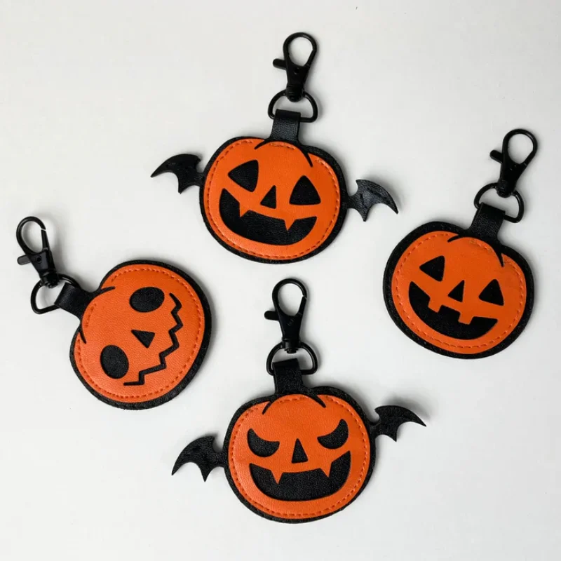 Double-sided Pumpkin Keychain Halloween Leather Keychain PU Leather Halloween Pumpkin Bat Keychain Key Ring Gift for Him