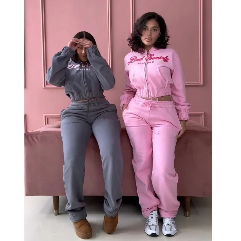 High quality cropped hoodie and sweatpants set women clothing set custom puff printing two piece pants set women tracksuits