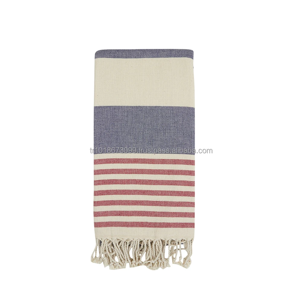 Terry Backed Turkish Towel Peshtemal Fouta Wholesale Pestemal Soft OEM Customized 100 Cotton Thick Stripes Bath Beach Navy Red