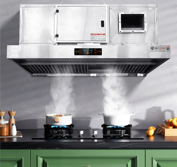 KELV Hotel & Kitchen Automatic Stainless Steel  Fume Removal Smoke Filter Commercial Kitchen Hood Range 3.0M Chimney Motor Hood