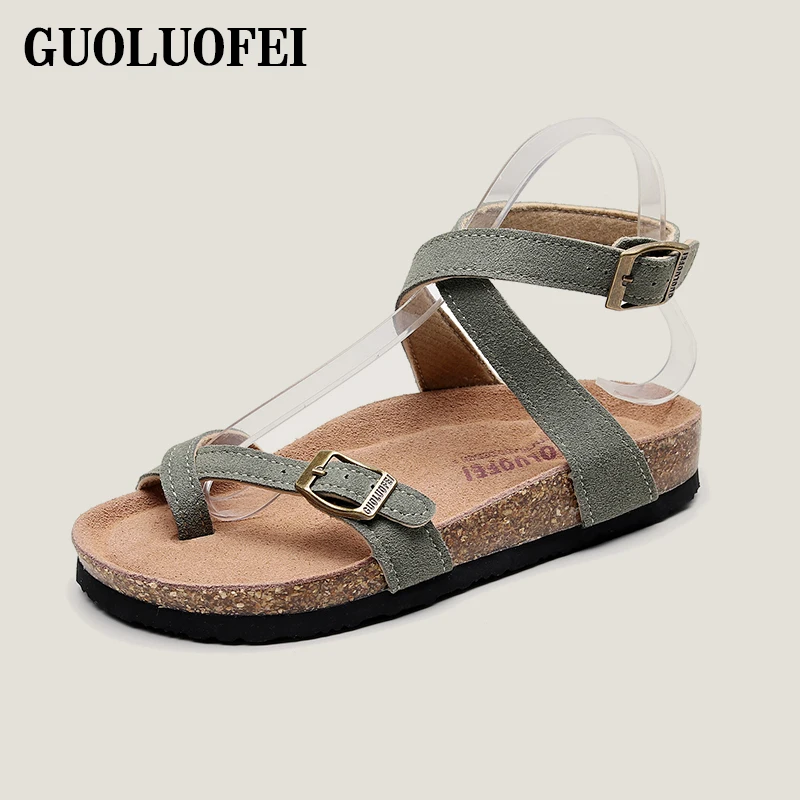 GUOLUOFEI Women Suede Cork Sandals Flat Buckle Casual Ankle Strap Sandals