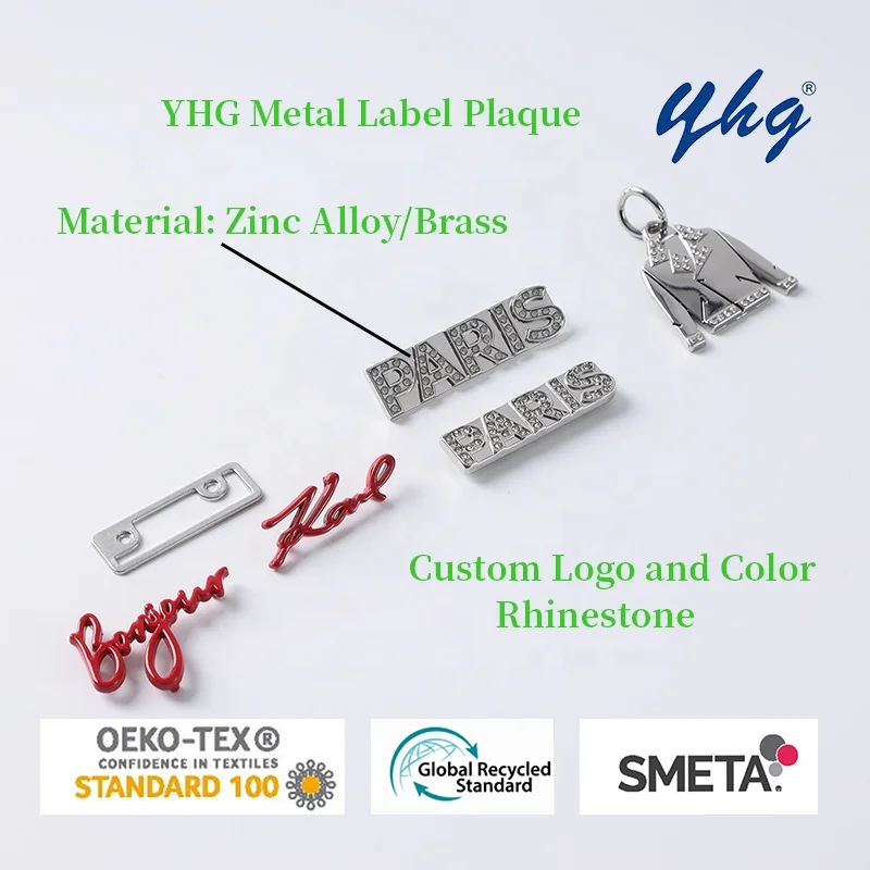 YHG Embossed Tag Plate Zinc Alloy Letter Custom Logo Rivet Metal Label Plaque for Clothes Coat Handbags