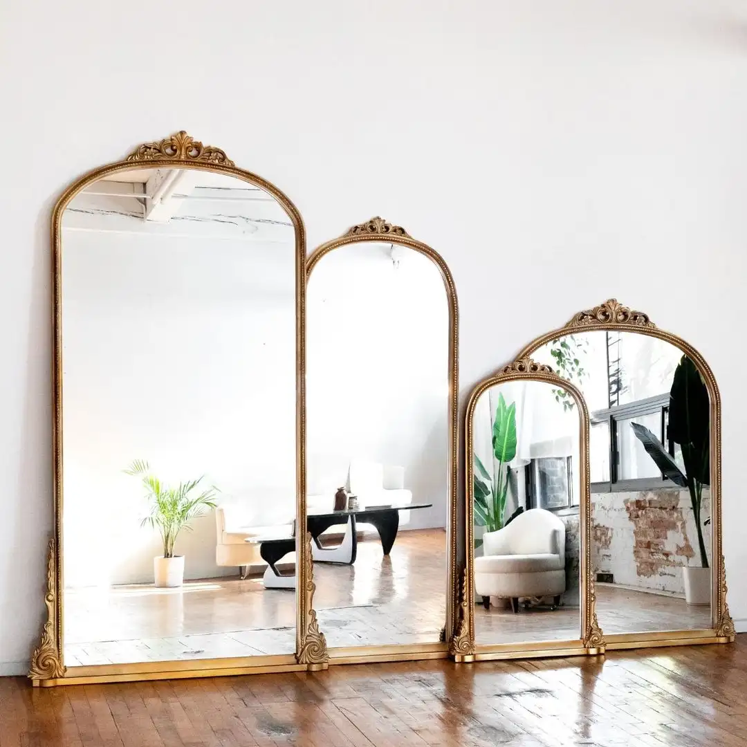 French Vintage European Style Fitting Mirror Full Body Dressing Mirror Arched Carved Home Bedroom Wall Mounted Floor Mirror