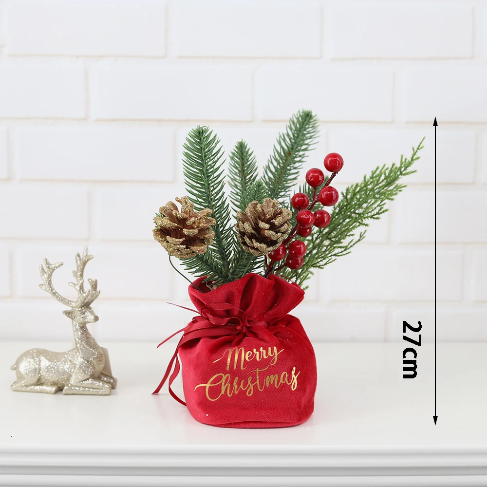 Artificial Christmas Tree With Red Berry Flower Pine Cone Mini Tabletop Tree Xmas Home Decorations