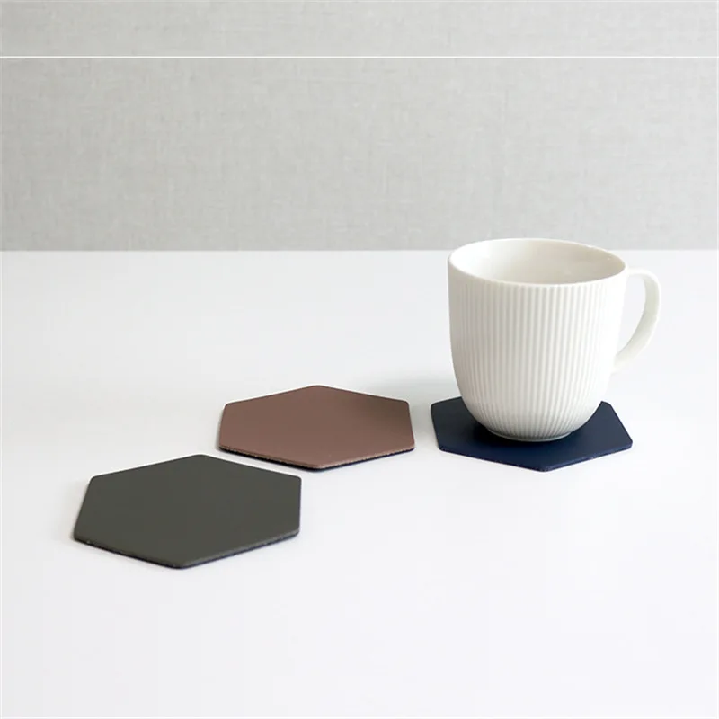Hot Selling Durable Hexagon Blank PU Leather Custom Embossed Logo Drink Coaster For Table Decoration