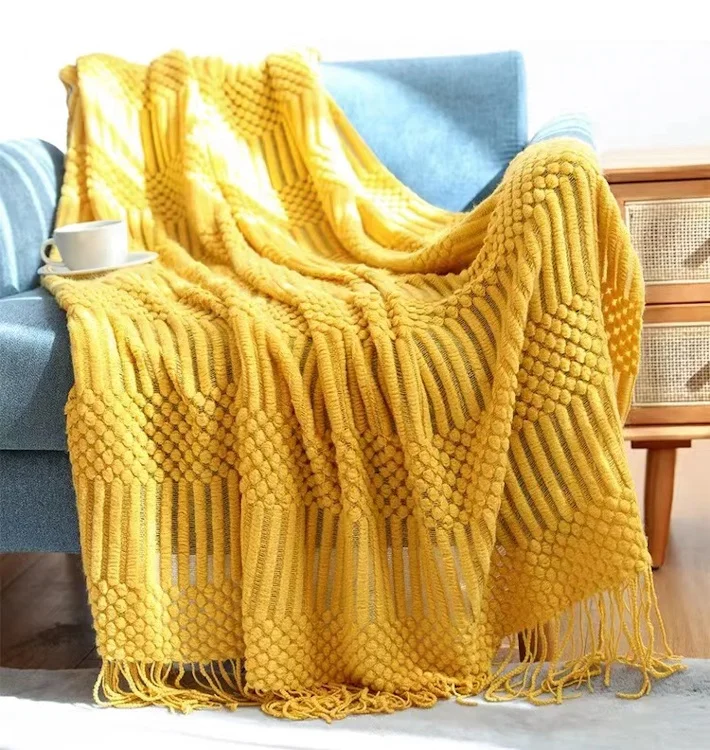 Handmade  knitted 100% acrylic jacquard throw blanket with fringes sofa throw blanket office rest throw