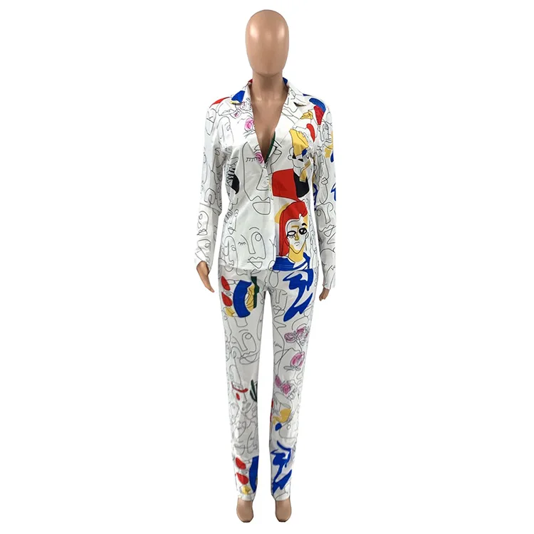 MT233-6042  Women Long Trench Coat and pants set Blazer Suit Women Cloak Floral Long tops and trousers Woman Suits Plus size 3X