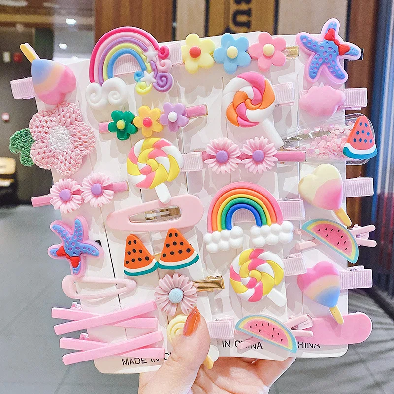 New Arrival Children Plastic Flower Fruit Cute Hairpins Set Hair Clip Set Kids Accessories Rainbow Lovely Cartoon Girl Opp Bag