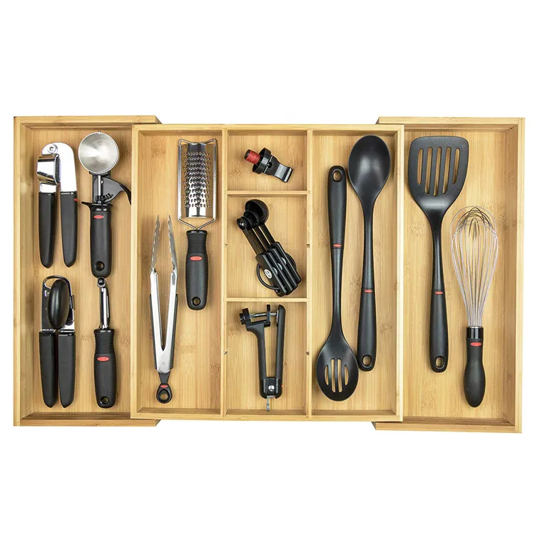 Expandable Drawer Organizer Adjustable  Divider Expand Kitchen Bamboo Cutlery Tray