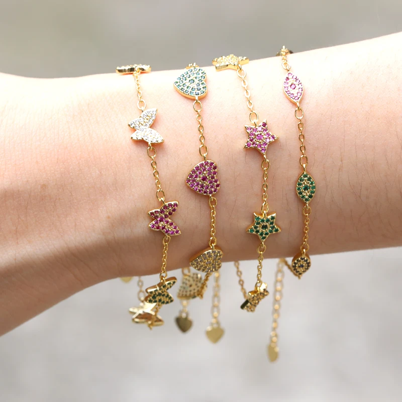 
Jewelries wholesale custom fashion adjustable copper CZ micro pave 18k gold plated charm women bracelets 