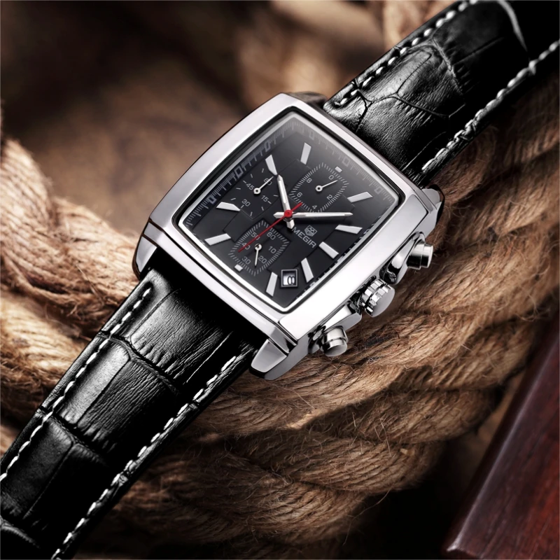 Relojes Hombre MEGIR 2028 Top Brand Luxury Chronograph Quartz Watches Men Military Leather Square Watch