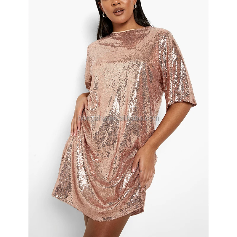 Summer Oversized Sequin Tshirt Dress Short Sleeve Mini Shift Gold Sequin Dresses Plus Size Sequin Dresses Women