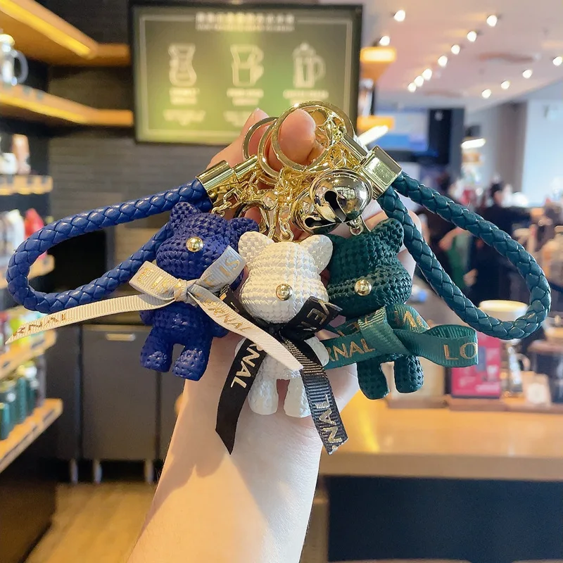 New 2022 luxury designer Llaveros pvc resin crafts yarn bow bear keychain with bell leather rope key chain