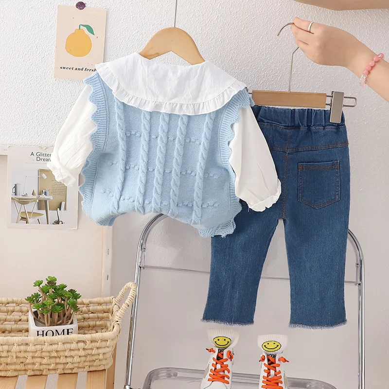New arrival spring autumn toddler girls knitting sweater vest + floral collar shirt + jeans pants 3 pieces clothing set