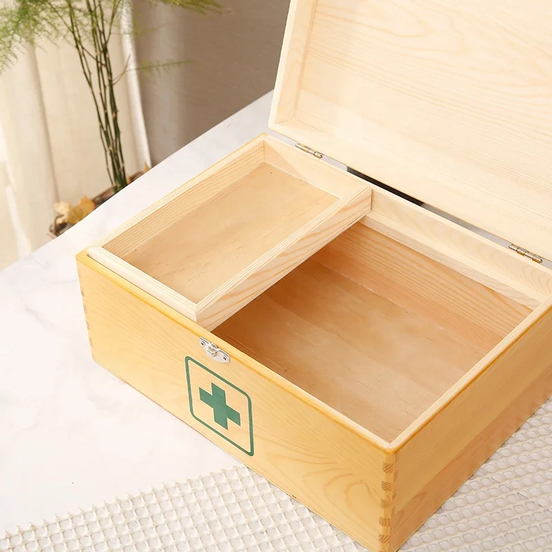 Household Medicine Chest Portable empty wooden first aid kit Two-layer Medical box bag Medicine Storage