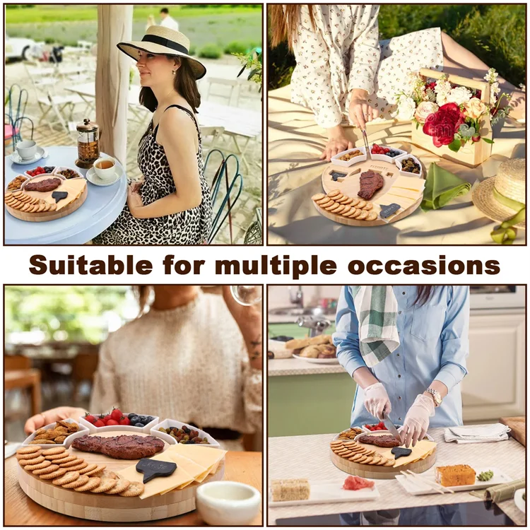 Rotatable Round bamboo Cheese Cutting Board set with knives Ceramic Plate