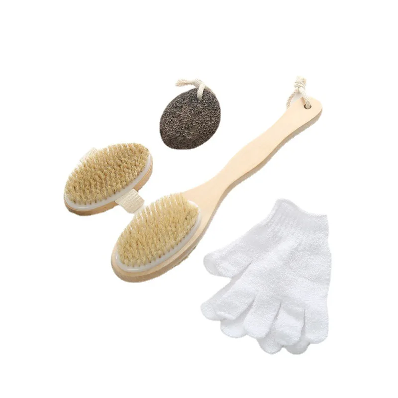 Promotional Wood Bath Accessory Set Double-Side Brush, Foot Grinding Stone, Hand Brush and Nylon Gloves Spa Set Bath Gift Set