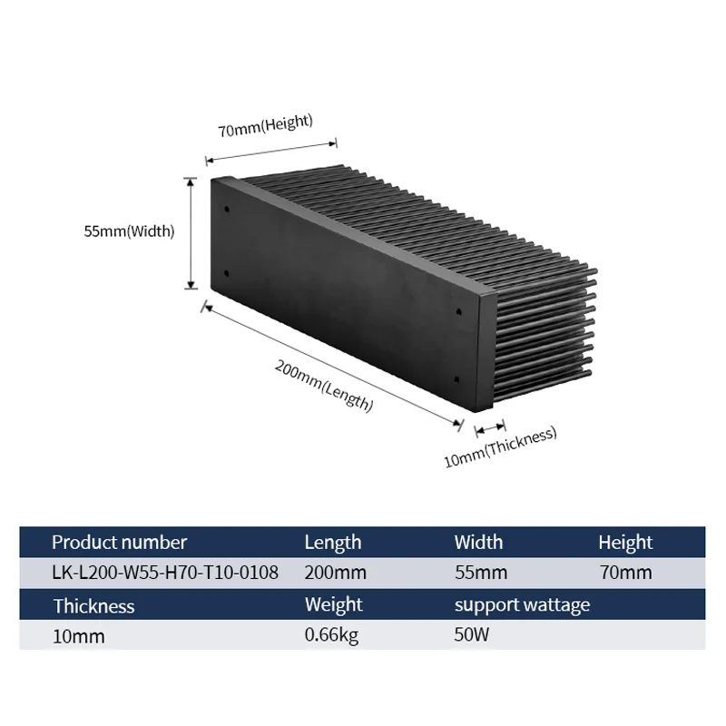 50W Length Width 200*55mm And Height 100mm Black Anodizing rectangle Led Light Aluminum Pin Fin Forged Heatsink