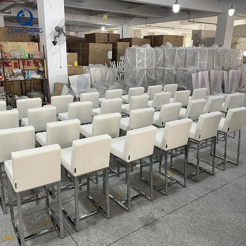 QIANCHENG high quality wholesale 201 304 stainless steel furniture tall high bar chair luxury white leather home barstool