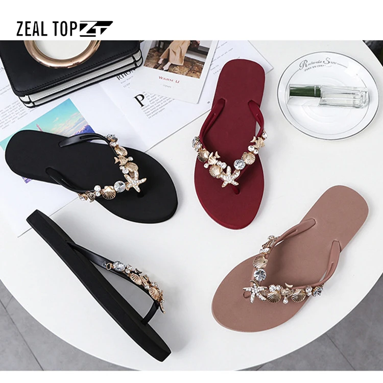 Summer personalized flip flops with shell rhinestones for women red cheap wholesale beach flip flops slippers