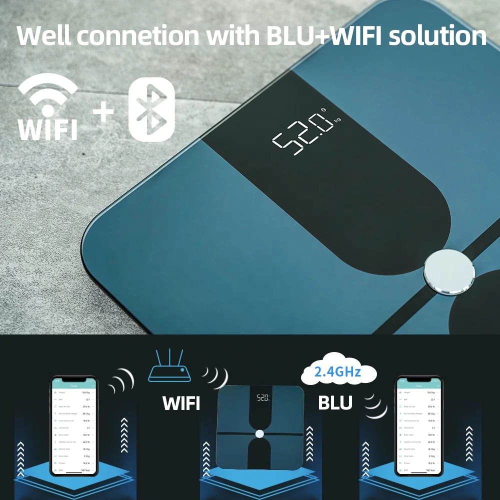 Digital APP Fat Scale Body Composition Scale Personal WIFI Smart Digital Display Square Tempered Glass Modern