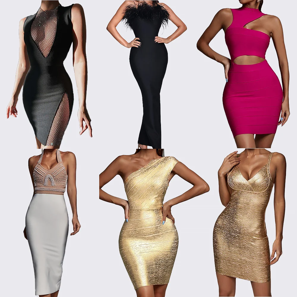 OEM Clothing Manufacturer Custom Fashion One Shoulder Bodycon Birthday Bandage Party Metallic Mini Sexy Cocktail Dress for Women