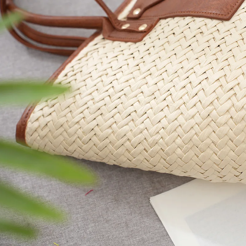 Niyang new design summer beige color handmade weaved large tote leather shoulder strap women handbag paper straw basket