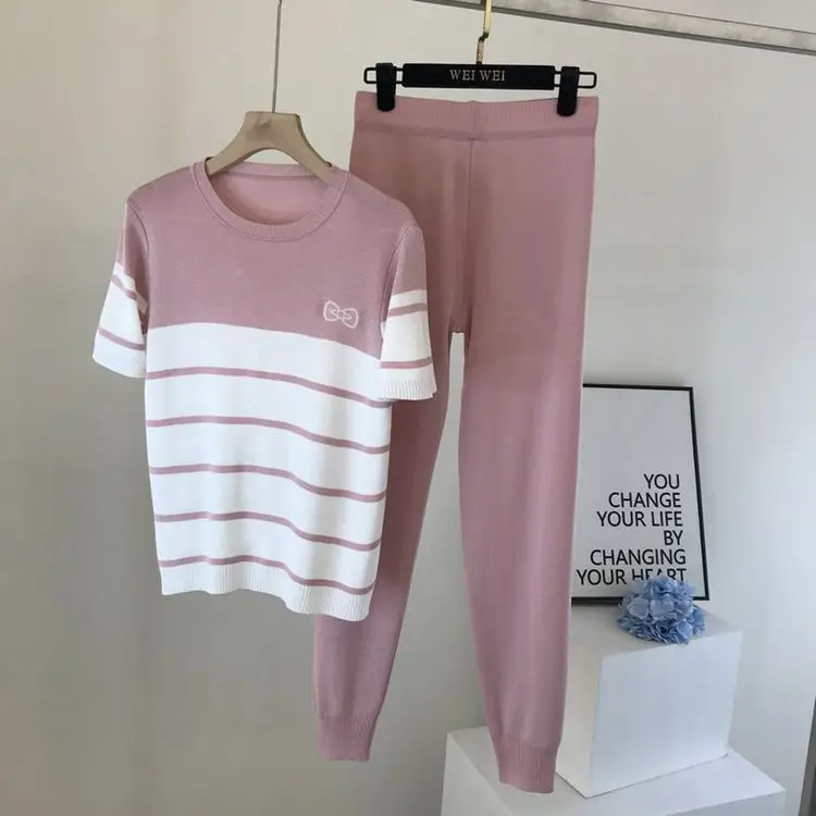 Soiling Hot sales color blocking casual street wear o neck short sleeve knit blouse women 2 piece pants set