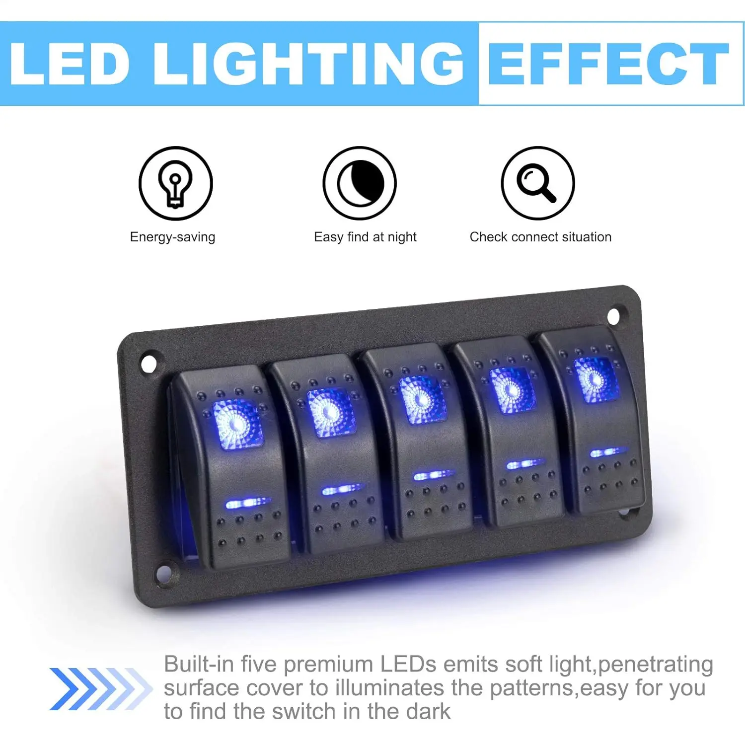 5 Gang Rocker Switch Panel Blue Backlit 12V 24V Pre-Wired Rocker Switch for Automotive Car Marine Boat RV