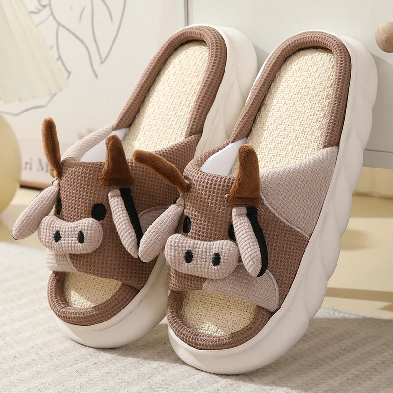 Cute Frog & Rabbit Indoor Linen Slipper Warm Winter Cotton Non-Slip Home Shoes for Women TPR Outsole