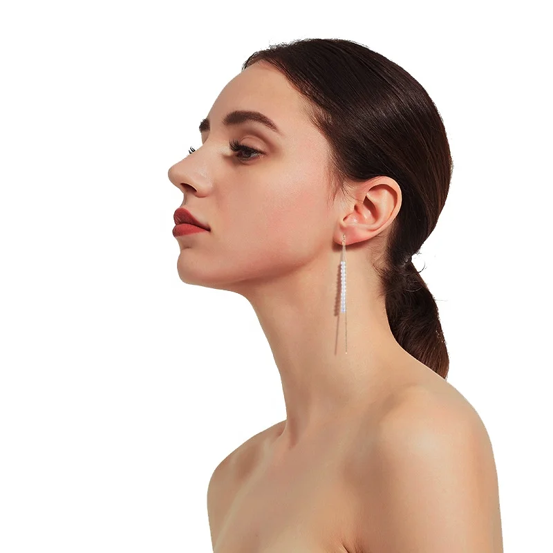 Elegant simple thin chain thin gold pearl dangle earrings for women