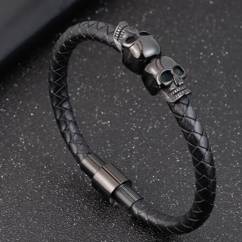 2021 Fashion Silver Stainless Steel Jewellery Skull Bracelet Natual Leather For Men Wholesale