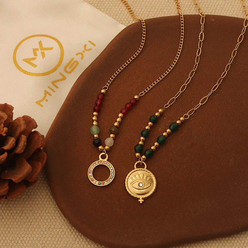 18K Gold Plated Necklace with Disc Eye mixed color diamond ring  Pendant Chic Green Bead Non Tarnish Necklace for Women